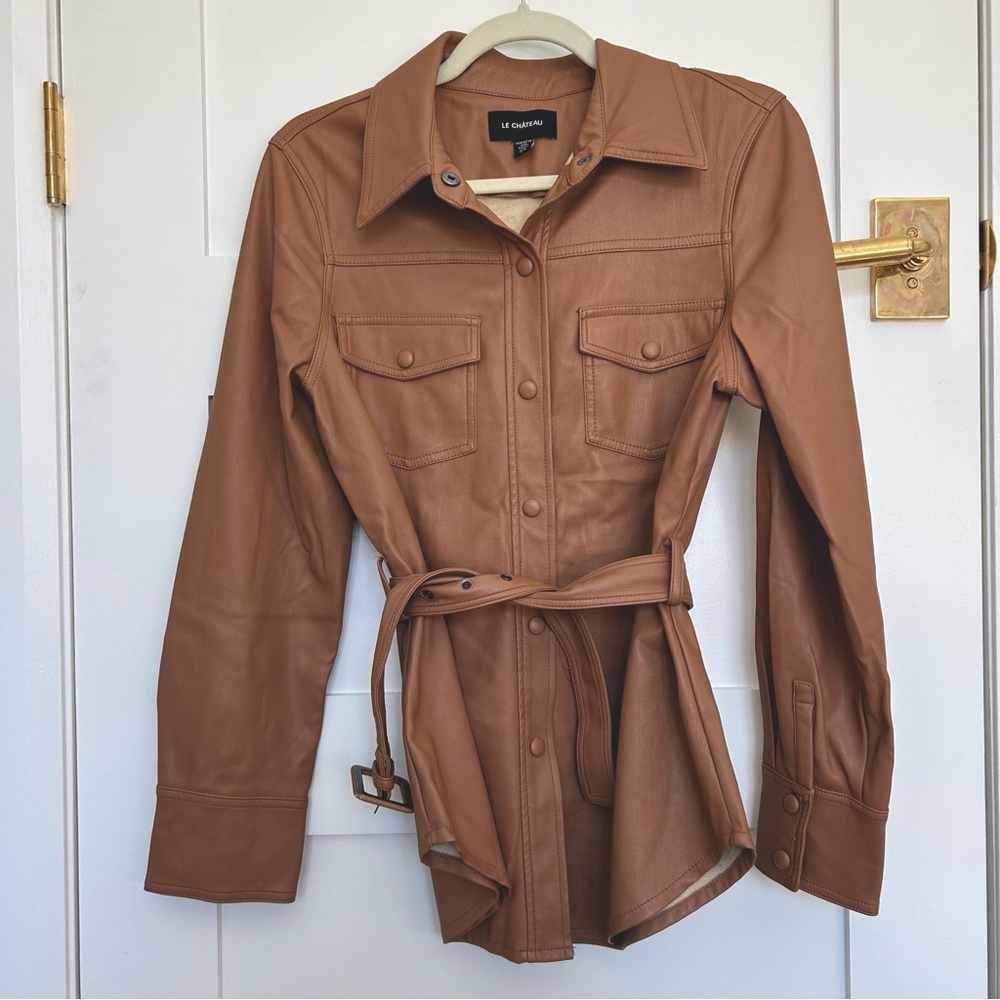 Tan faux leather over shirt